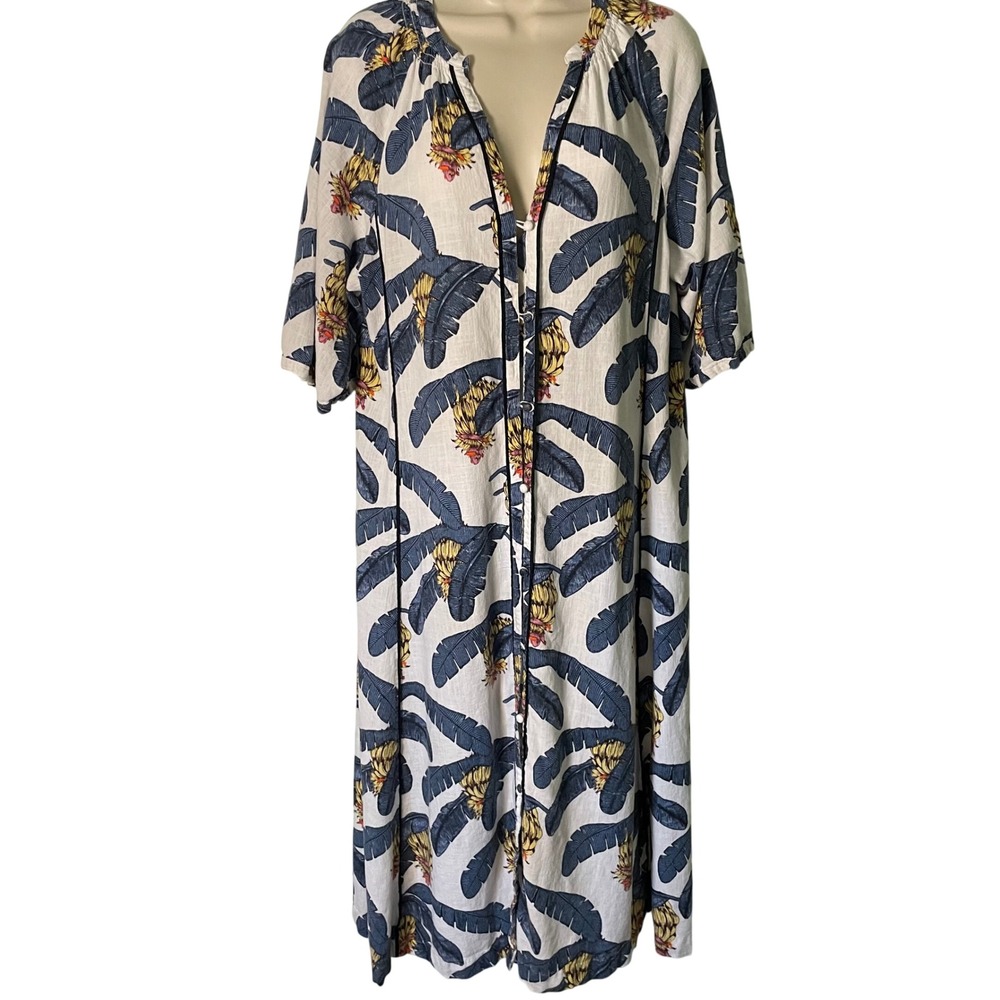 Desmond & Dempsey x H&M Tropical Kaftan Dress M Banana Leaf Linen Missing Belt